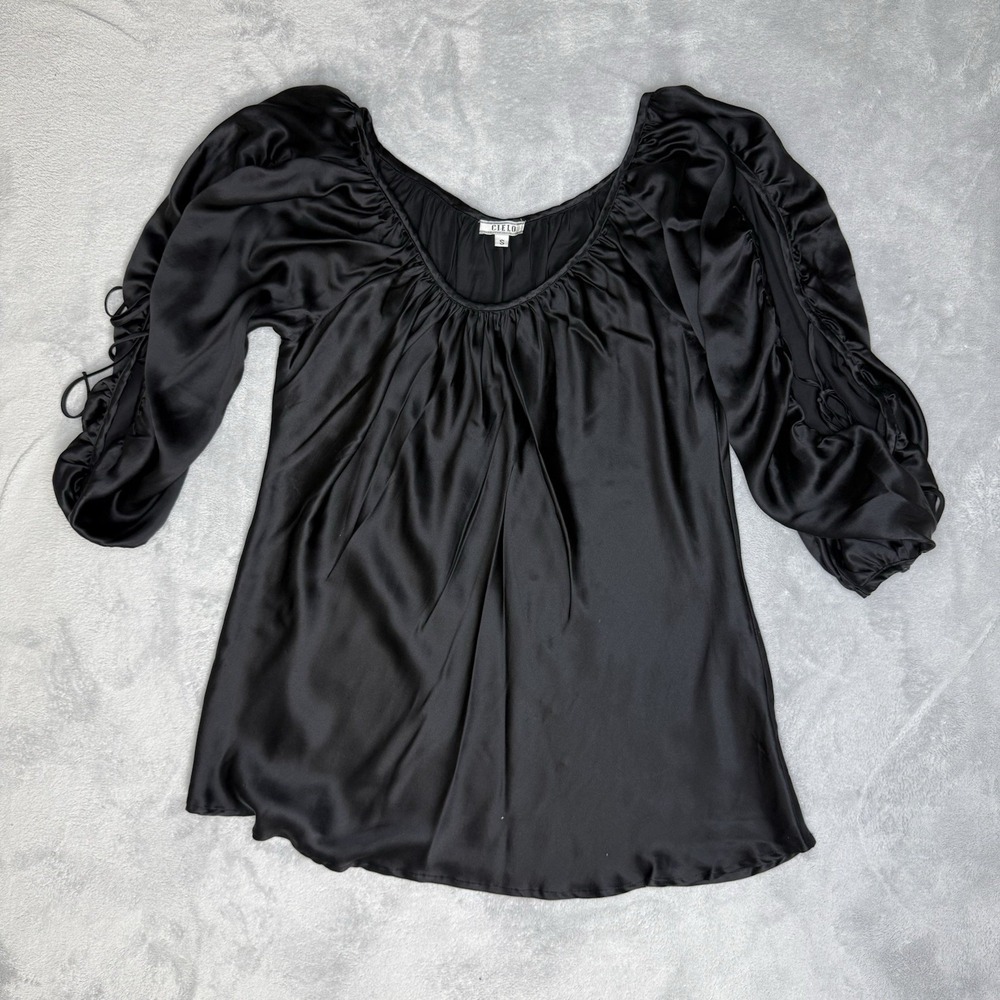Cielo 100% Silk Blouse Women S Black Ruched Puff Sleeve Drawstring Romantic Y2K